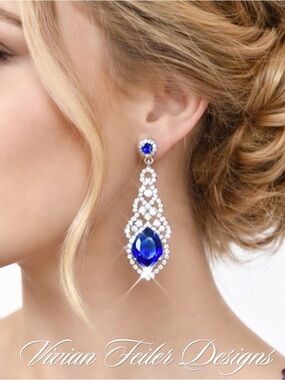 Sapphire Blue Earrings Teardrop Crystal Drop bridal wedding prom Dangle NWT